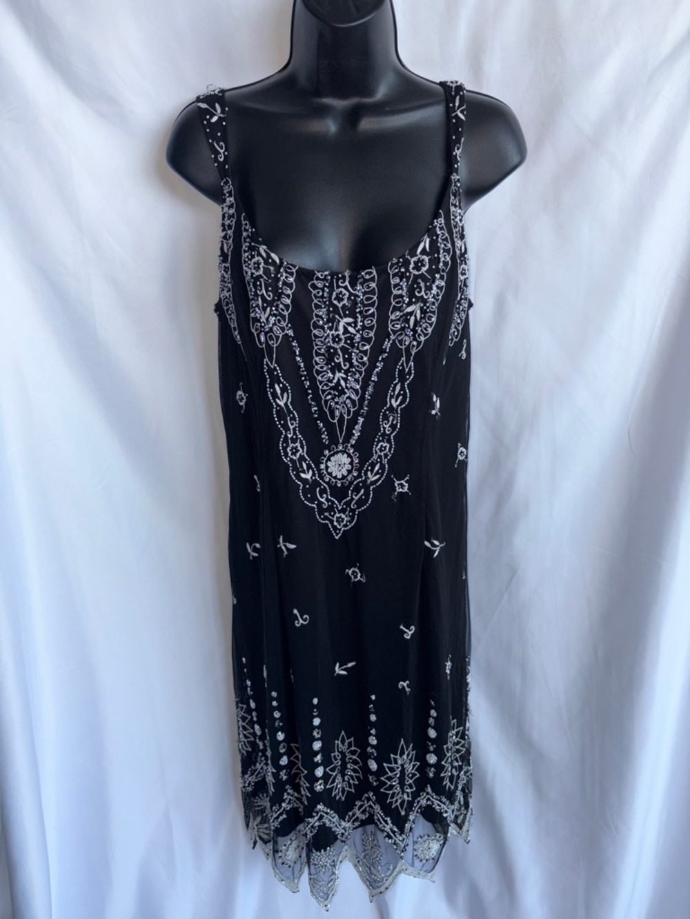 Vintage 90s Y2K Marina Black Silk Slip Dress Beaded Floral Sz 12, 20” PTP, 41”L